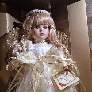 Collectors Elegant Genuine Fine Bisque Porcelain Doll with Gold and White Dress